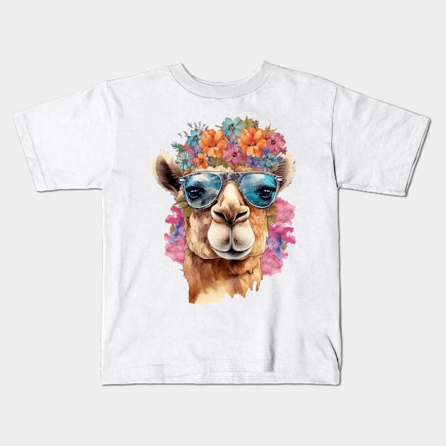 Watercolor Floral Camel Kids T-Shirt by Chromatic Fusion Studio